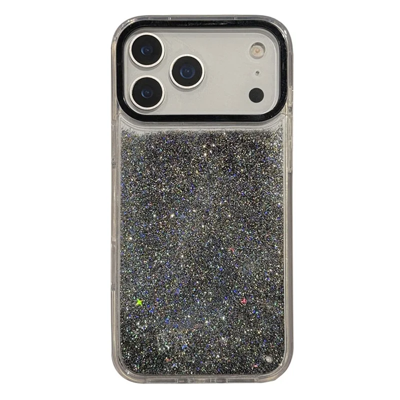 For iPhone 17 Pro Case Dynamic Liquid Glitter Soft TPU Hard PC Back Phone Cover - Black + Silver