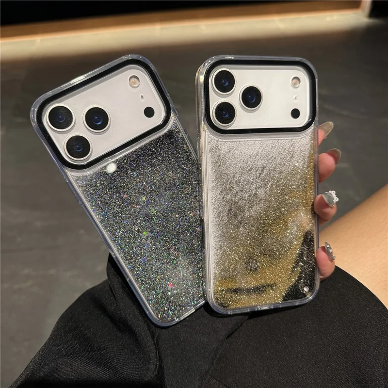 For iPhone 17 Pro Case Dynamic Liquid Glitter Soft TPU Hard PC Back Phone Cover - Black + Silver