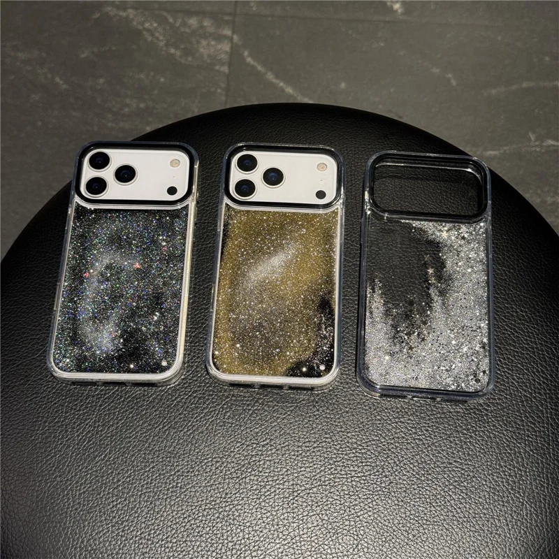 For iPhone 17 Pro Case Dynamic Liquid Glitter Soft TPU Hard PC Back Phone Cover - Black + Silver