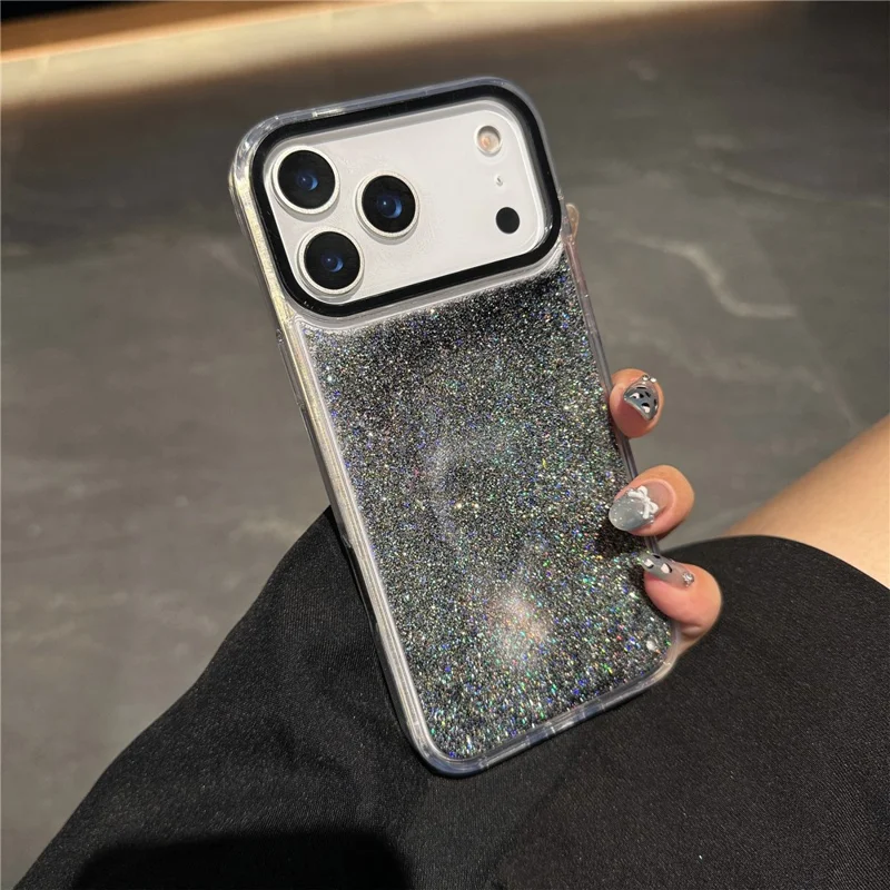 For iPhone 17 Pro Max Case Dynamic Liquid Glitter Soft TPU Hard PC Back Phone Cover - Black + Silver