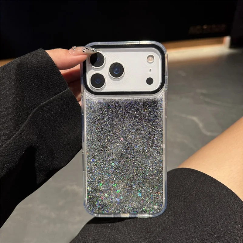 For iPhone 17 Pro Max Case Dynamic Liquid Glitter Soft TPU Hard PC Back Phone Cover - Black + Silver