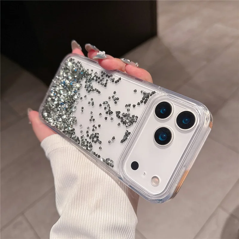 For iPhone 17 Pro Max Case Bling Rhinestone Quicksand TPU + PC Protective Cover - Silver