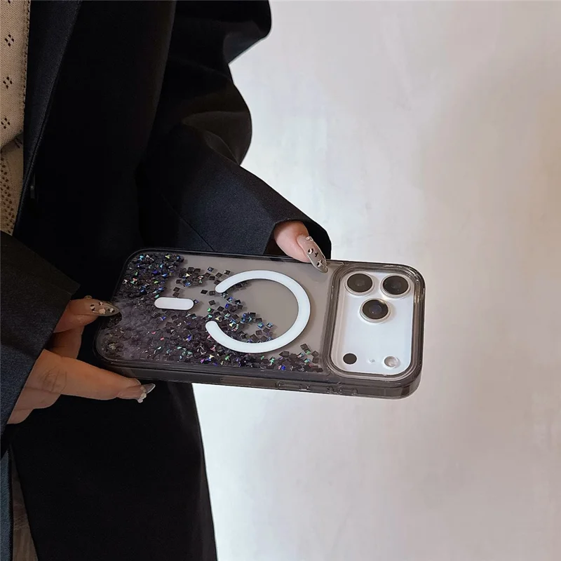 For iPhone 17 Pro Case Compatible with MagSafe Bling Rhinestone Quicksand TPU + PC Phone Cover - Black