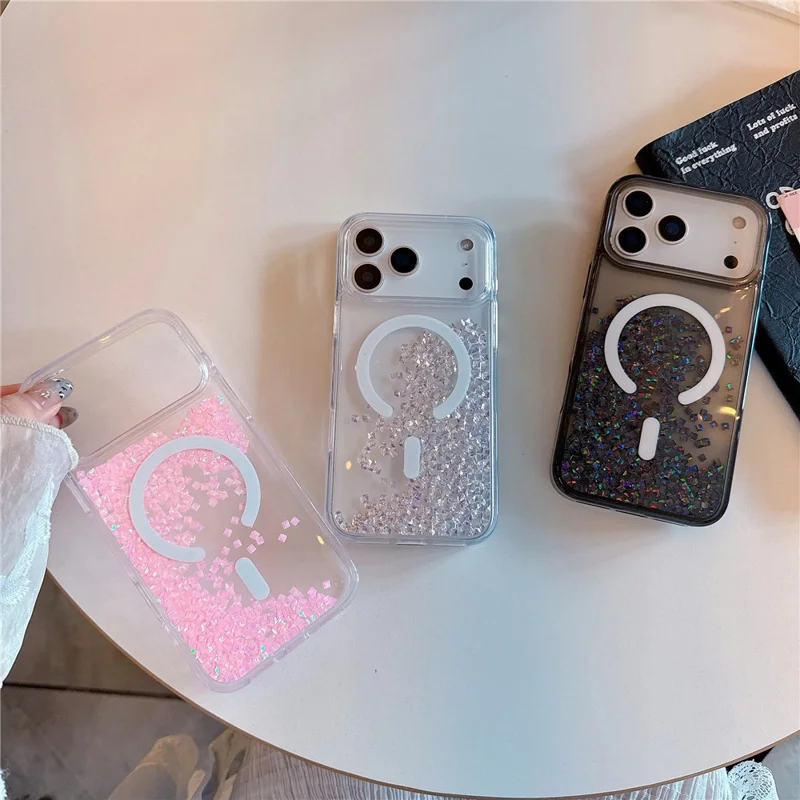 For iPhone 17 Pro Case Compatible with MagSafe Bling Rhinestone Quicksand TPU + PC Phone Cover - Black