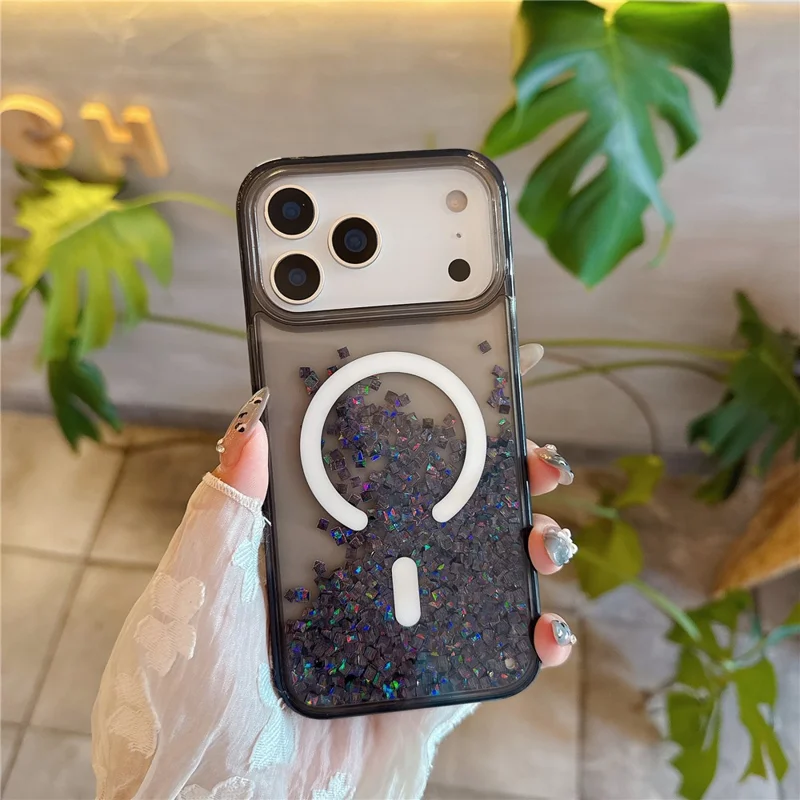 For iPhone 17 Pro Max Case Compatible with MagSafe Bling Rhinestone Quicksand TPU + PC Phone Cover - Black