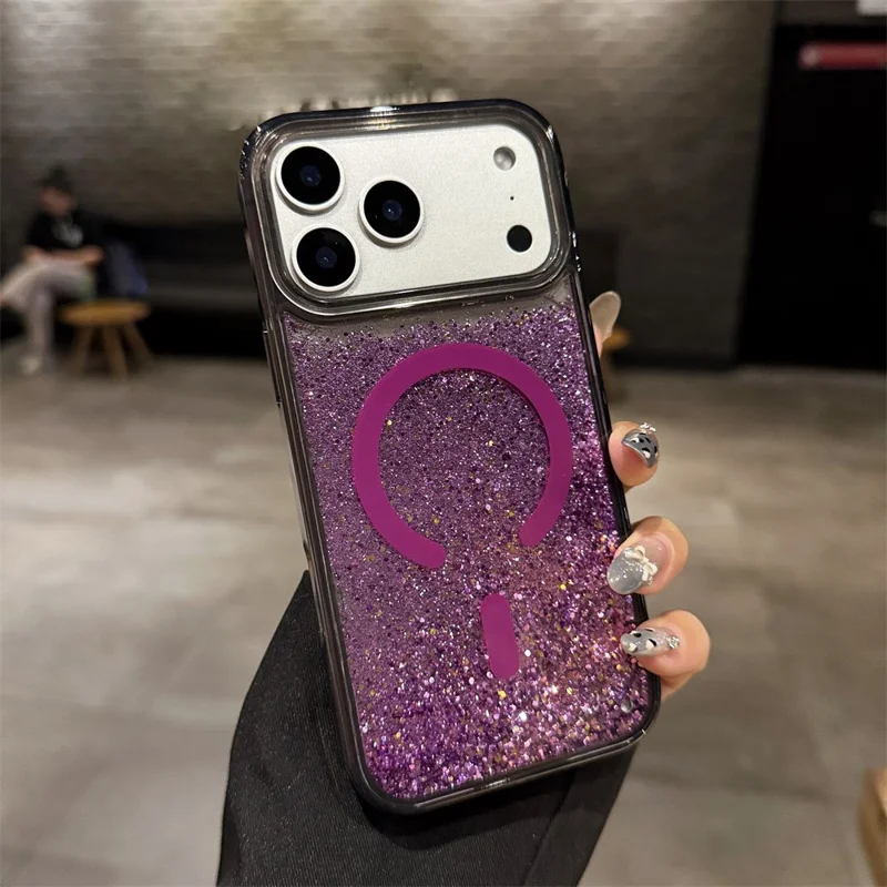 For iPhone 17 Pro Case Compatible with MagSafe Glitter Floating Quicksand TPU + PC Phone Cover - Purple