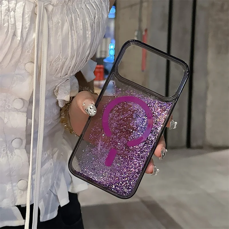 For iPhone 17 Pro Case Compatible with MagSafe Glitter Floating Quicksand TPU + PC Phone Cover - Purple