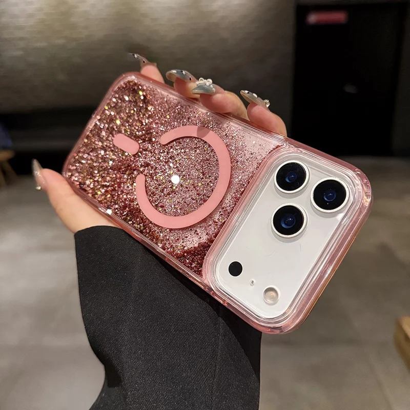 For iPhone 17 Pro Max Case Compatible with MagSafe Glitter Floating Quicksand TPU + PC Phone Cover - Pink