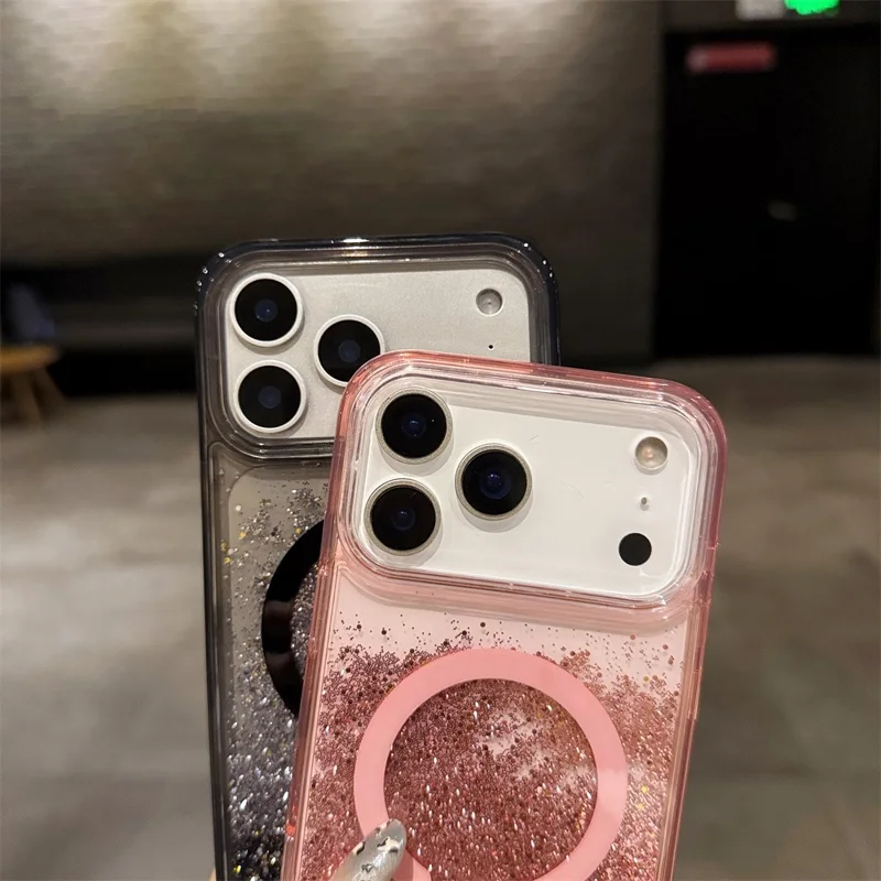 For iPhone 17 Pro Max Case Compatible with MagSafe Glitter Floating Quicksand TPU + PC Phone Cover - Pink