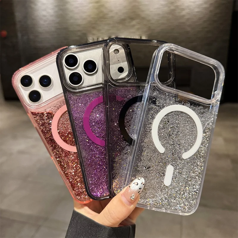 For iPhone 17 Pro Max Case Compatible with MagSafe Glitter Floating Quicksand TPU + PC Phone Cover - Pink