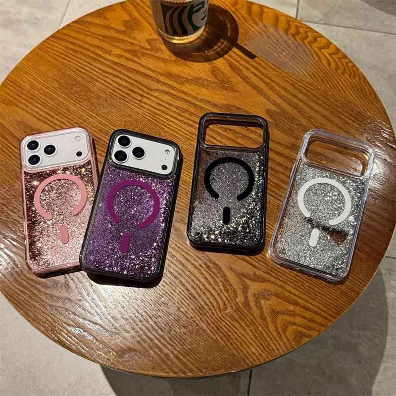 For iPhone 17 Pro Max Case Compatible with MagSafe Glitter Floating Quicksand TPU + PC Phone Cover - Pink