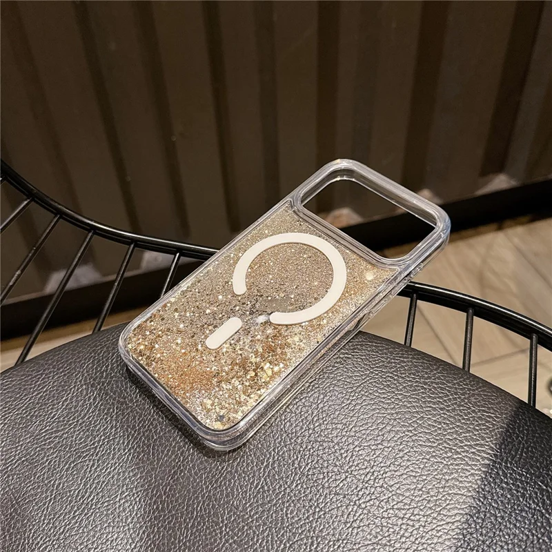 For iPhone 17 Pro Max Case Compatible with MagSafe Flowing Quicksands Sparkle PC + TPU Phone Cover - Golden Polka Dots