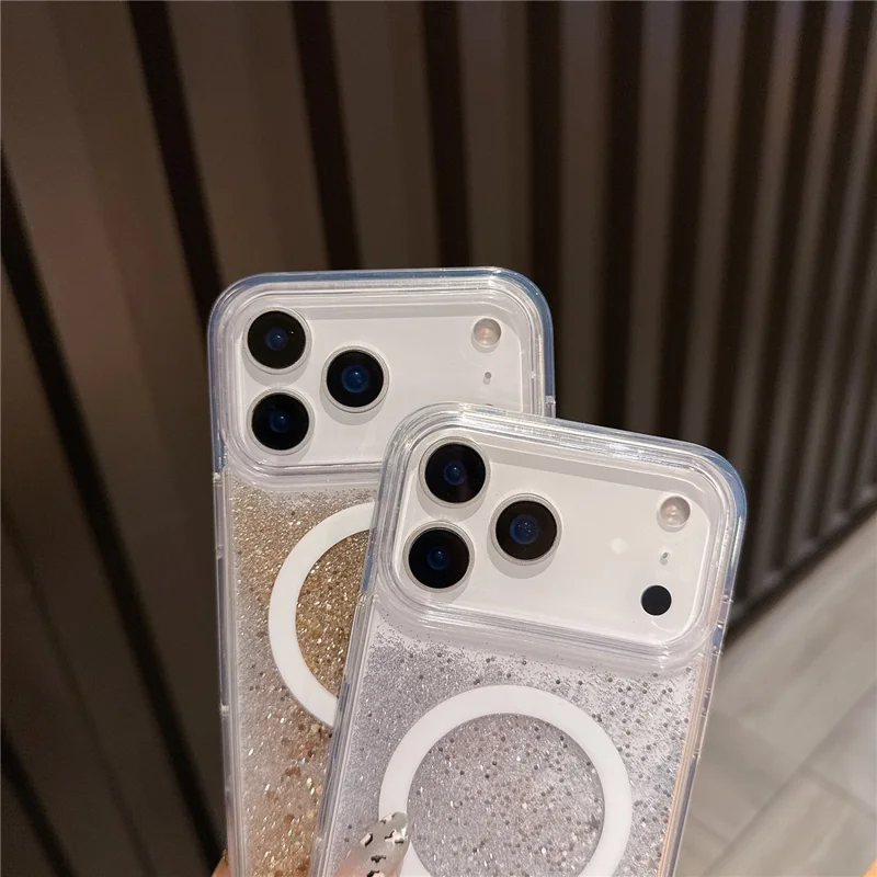 For iPhone 17 Pro Max Case Compatible with MagSafe Flowing Quicksands Sparkle PC + TPU Phone Cover - Golden Polka Dots