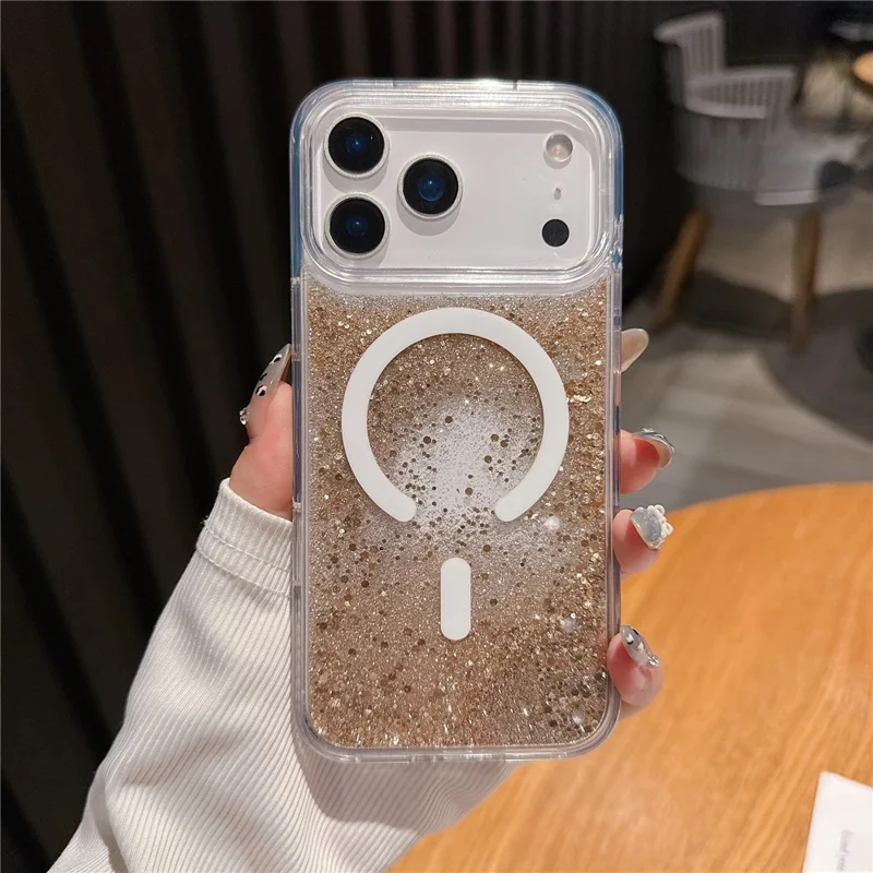For iPhone 17 Pro Case Compatible with MagSafe Flowing Quicksands Sparkle PC + TPU Phone Cover - Golden Polka Dots