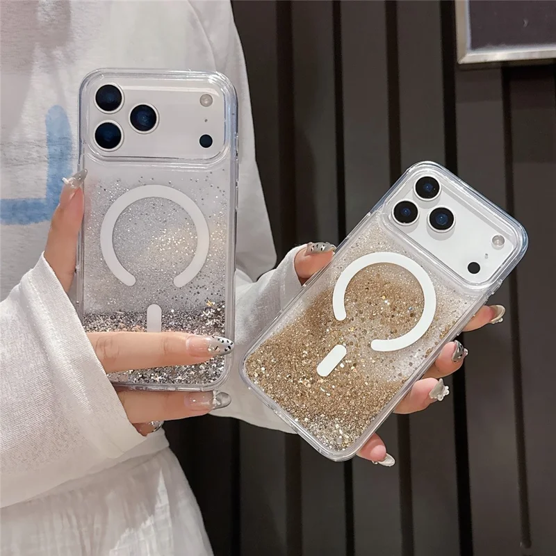For iPhone 17 Pro Case Compatible with MagSafe Flowing Quicksands Sparkle PC + TPU Phone Cover - Golden Polka Dots