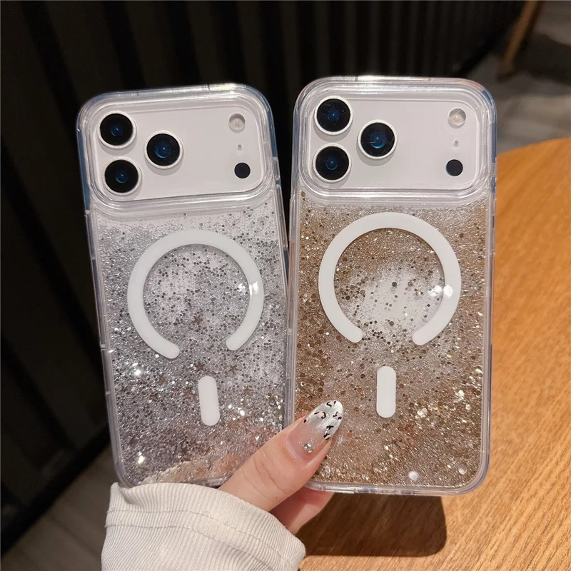 For iPhone 17 Pro Case Compatible with MagSafe Flowing Quicksands Sparkle PC + TPU Phone Cover - Golden Polka Dots
