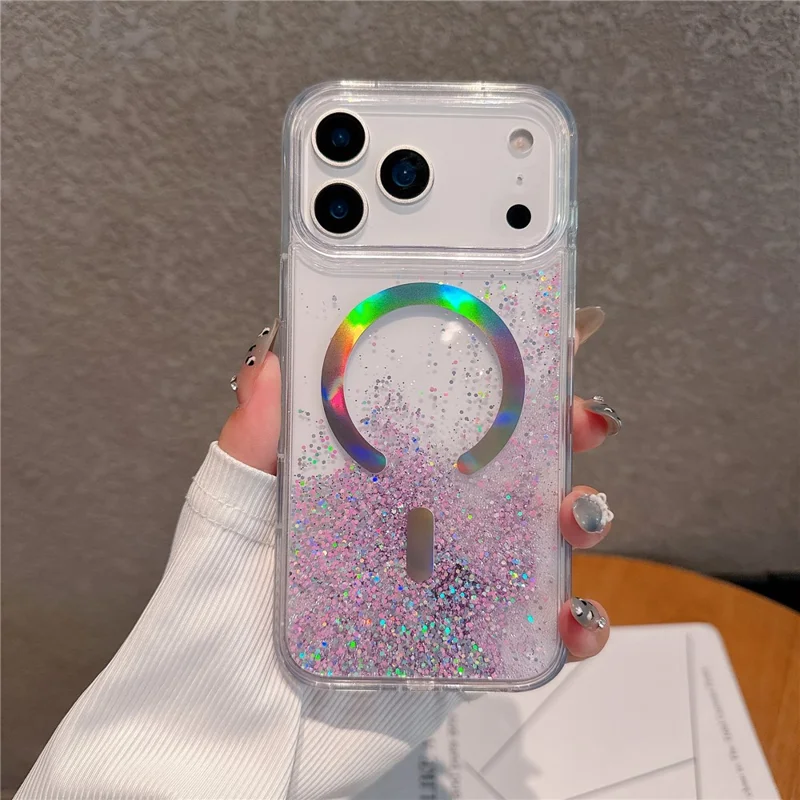 For iPhone 17 Pro Case Compatible with MagSafe Quicksand Beads PC + TPU Phone Cover - Purple