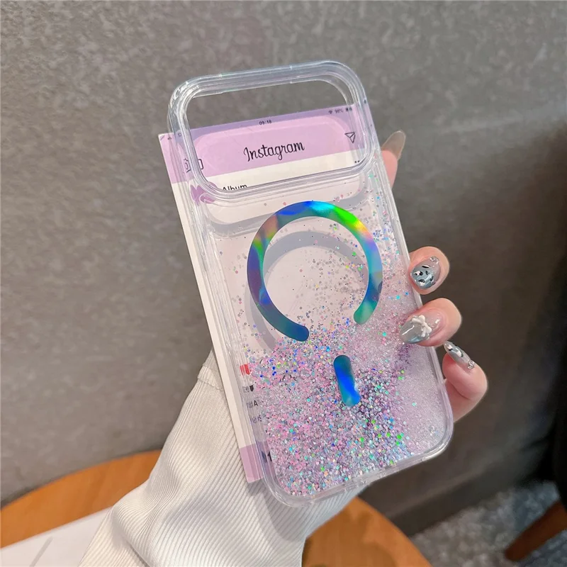 For iPhone 17 Pro Case Compatible with MagSafe Quicksand Beads PC + TPU Phone Cover - Purple