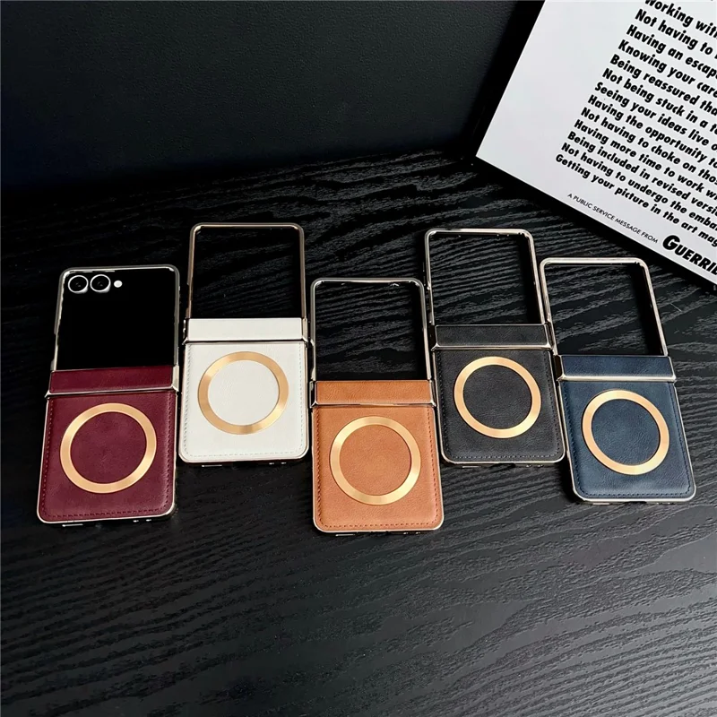 For Samsung Galaxy Z Flip7 5G Magnetic Case Leather + PC Electroplated Folding Phone Cover - Wine Red