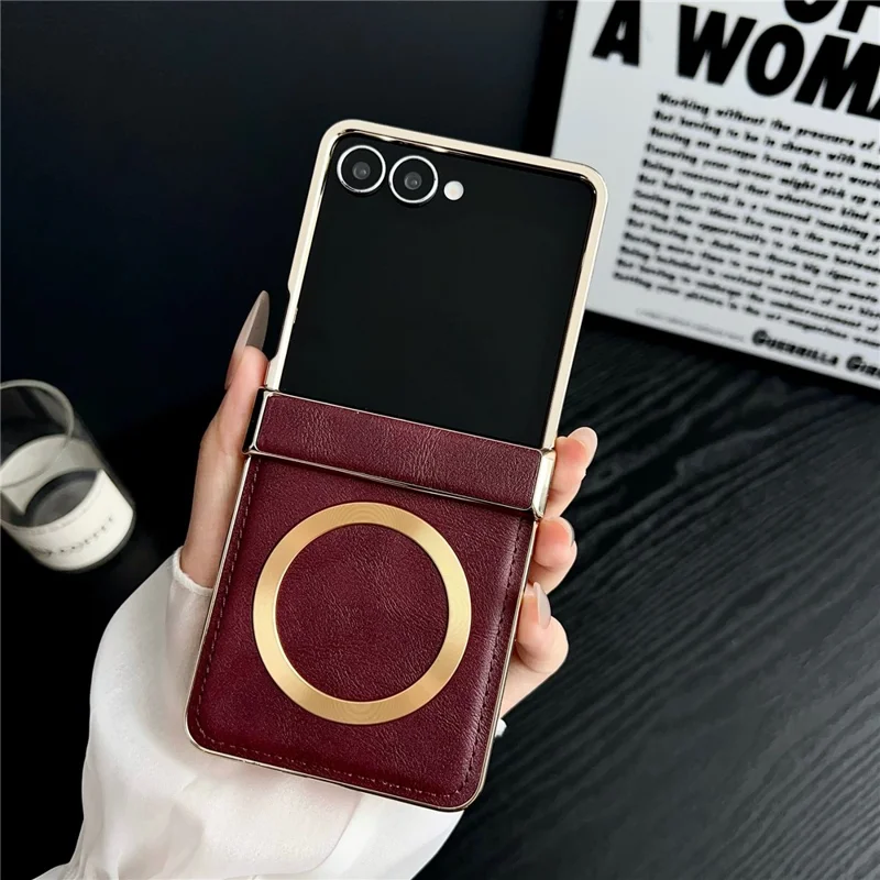 For Samsung Galaxy Z Flip7 5G Magnetic Case Leather + PC Electroplated Folding Phone Cover - Wine Red