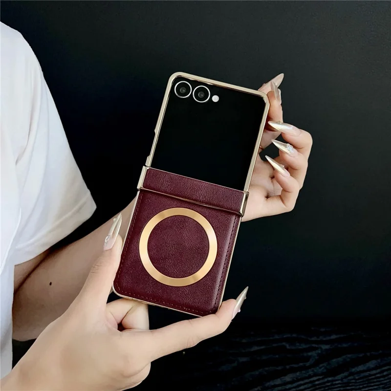 For Samsung Galaxy Z Flip7 5G Magnetic Case Leather + PC Electroplated Folding Phone Cover - Wine Red