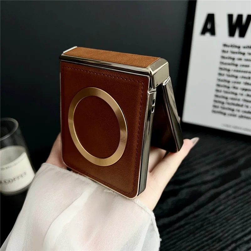 For Samsung Galaxy Z Flip7 5G Magnetic Case Leather + PC Electroplated Folding Phone Cover - Wine Red