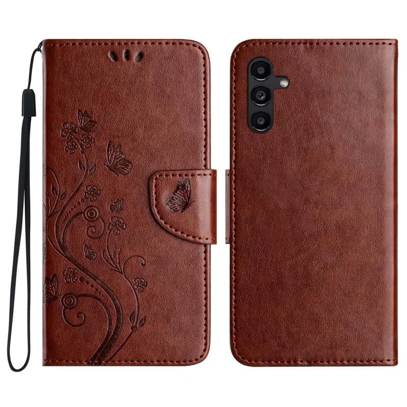For Samsung Galaxy A17 4G / 5G Leather Wallet Case Butterfly Flower Imprinted Phone Cover with Strap - Brown