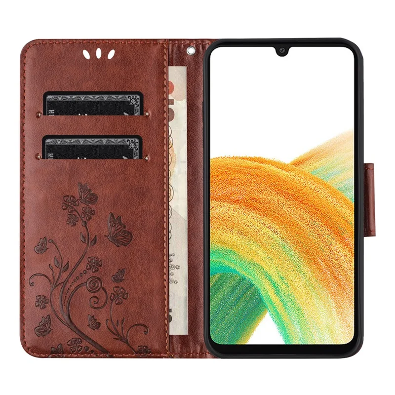For Samsung Galaxy A17 4G / 5G Leather Wallet Case Butterfly Flower Imprinted Phone Cover with Strap - Brown
