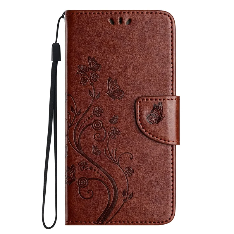 For Samsung Galaxy A17 4G / 5G Leather Wallet Case Butterfly Flower Imprinted Phone Cover with Strap - Brown