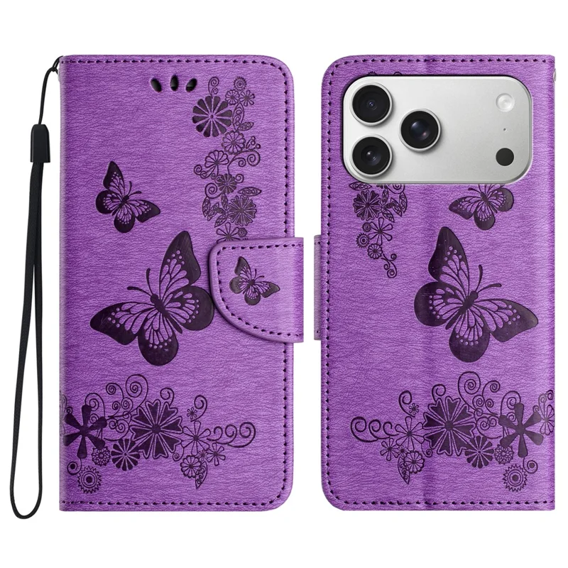 Voor iPhone 17 Pro-hoesje met vlinders en bloemen van lederen portemonnee met omslagdeksel - Paars