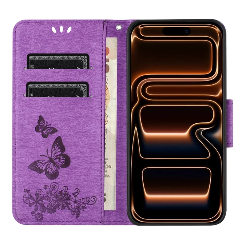 Voor iPhone 17 Pro-hoesje met vlinders en bloemen van lederen portemonnee met omslagdeksel - Paars