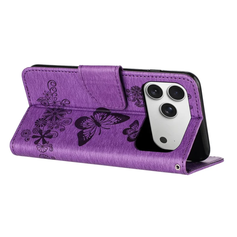 Voor iPhone 17 Pro-hoesje met vlinders en bloemen van lederen portemonnee met omslagdeksel - Paars