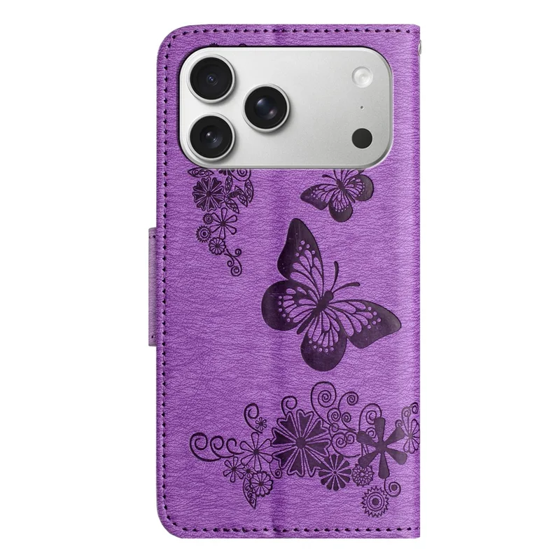 Voor iPhone 17 Pro-hoesje met vlinders en bloemen van lederen portemonnee met omslagdeksel - Paars
