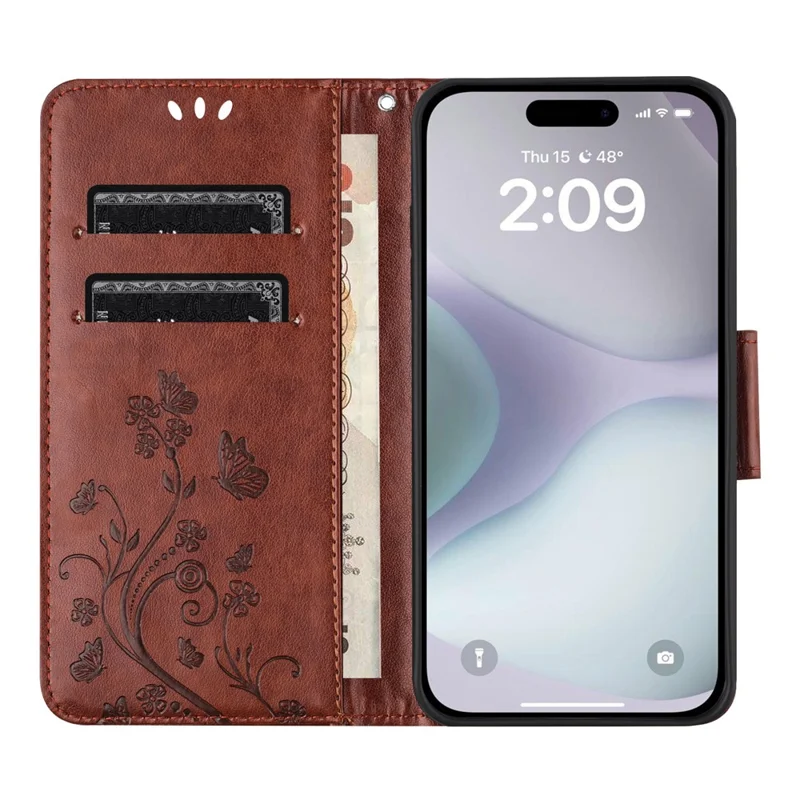 For iPhone 17 Case Imprinted Mini Butterfly Leather Wallet Phone Cover - Brown