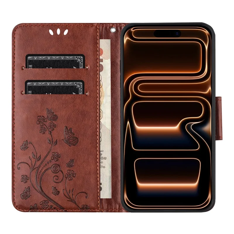 For iPhone 17 Pro Case Imprinted Mini Butterfly Leather Wallet Phone Cover - Brown