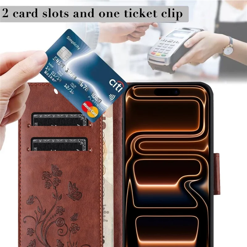 For iPhone 17 Pro Case Imprinted Mini Butterfly Leather Wallet Phone Cover - Brown