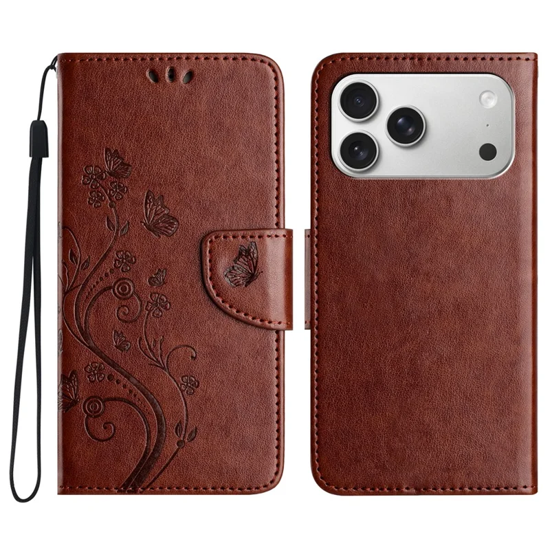 For iPhone 17 Pro Max Case Imprinted Mini Butterfly Leather Wallet Phone Cover - Brown