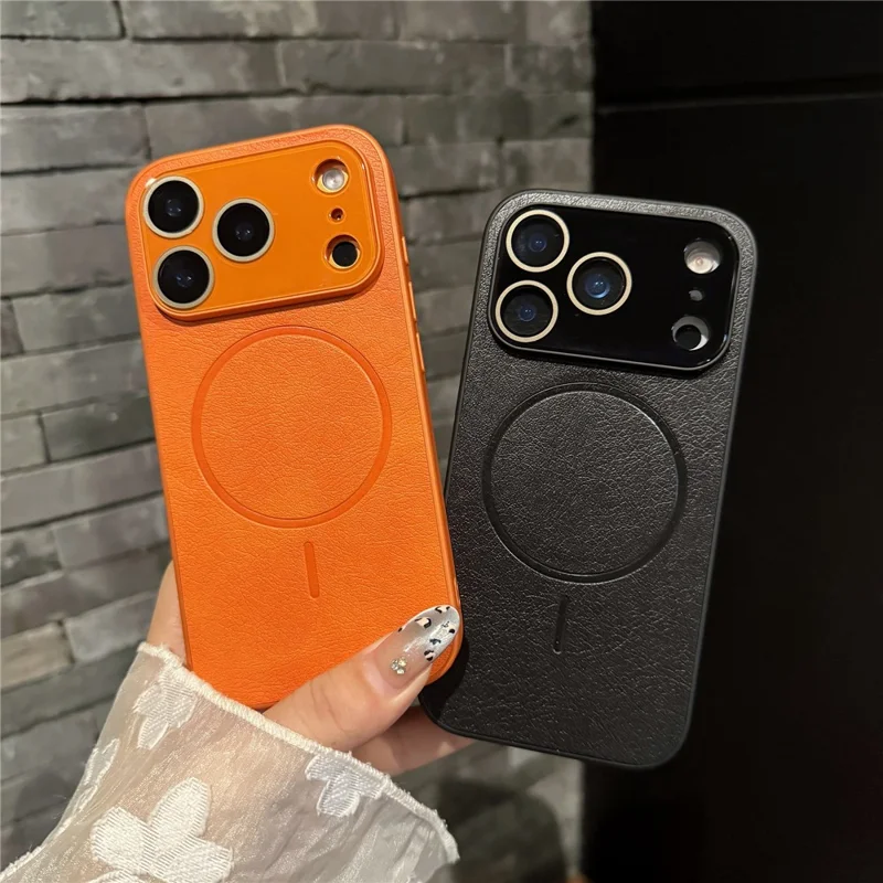 For iPhone 17 Pro Case PU Leather Coated PC TPU Telefoonhoes Compatibel met MagSafe - Oranje