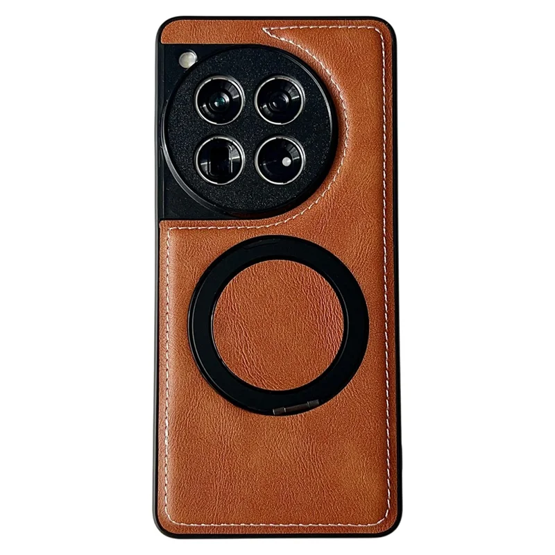 For OnePlus 12 5G Magnetic Case Calf Texture PU + TPU + PC Kickstand Phone Cover - Brown