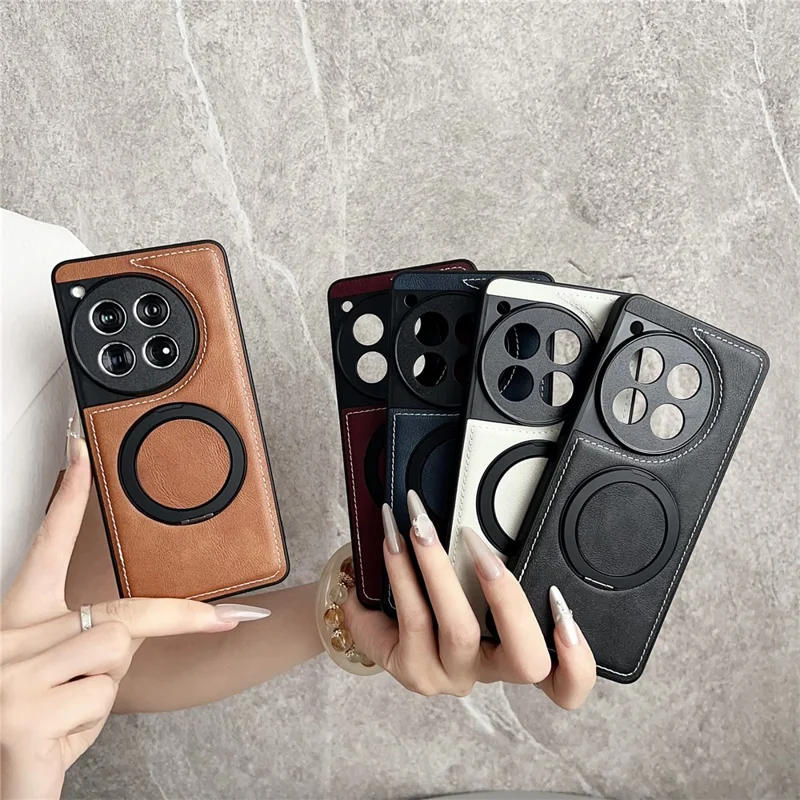 For OnePlus 12 5G Magnetic Case Calf Texture PU + TPU + PC Kickstand Phone Cover - Brown