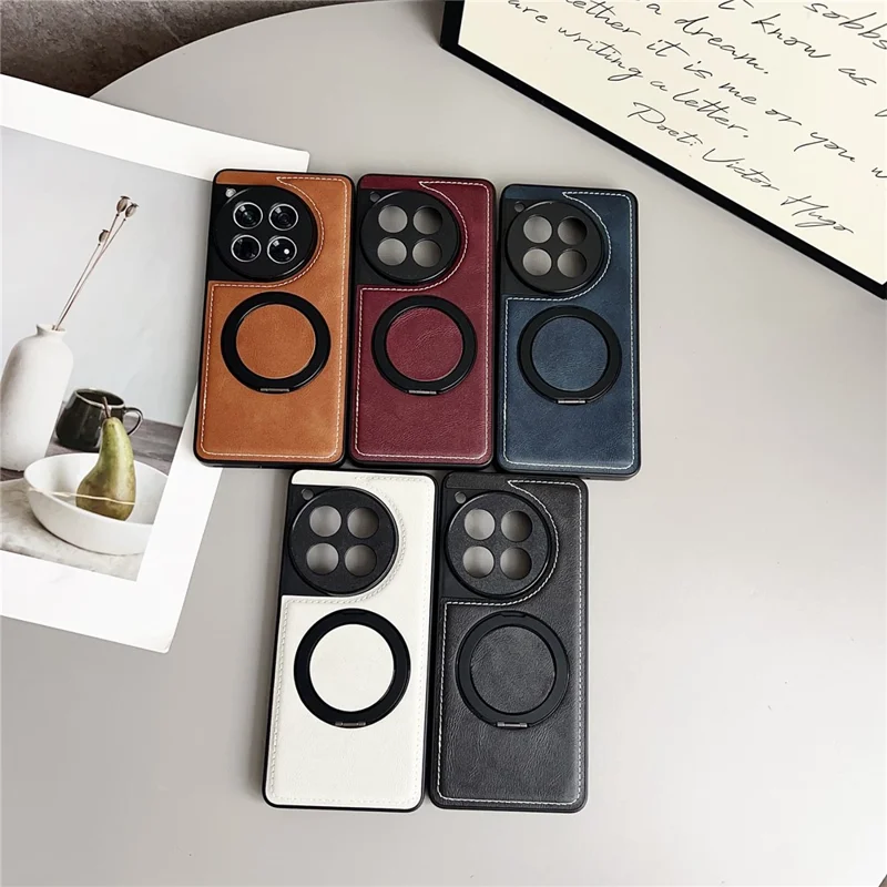 For OnePlus 12 5G Magnetic Case Calf Texture PU + TPU + PC Kickstand Phone Cover - Brown