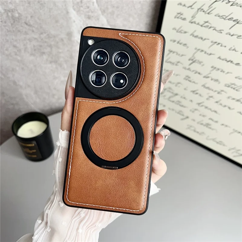For OnePlus 12 5G Magnetic Case Calf Texture PU + TPU + PC Kickstand Phone Cover - Brown