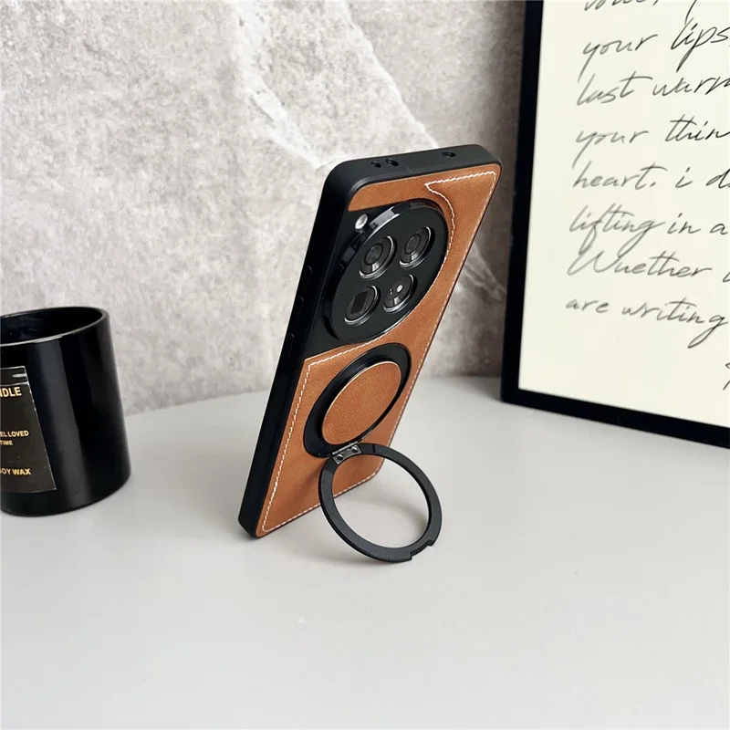 For OnePlus 12 5G Magnetic Case Calf Texture PU + TPU + PC Kickstand Phone Cover - Brown