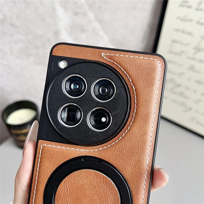 For OnePlus 12 5G Magnetic Case Calf Texture PU + TPU + PC Kickstand Phone Cover - Brown