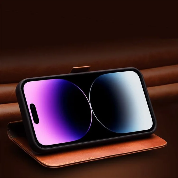 Qialino Para Iphone 14 Pro Max Scratch Resistente ao Estilo Comercial Fechamento Magnético Caixa de Telefone da Capa de Couro Genuíno - Castanho