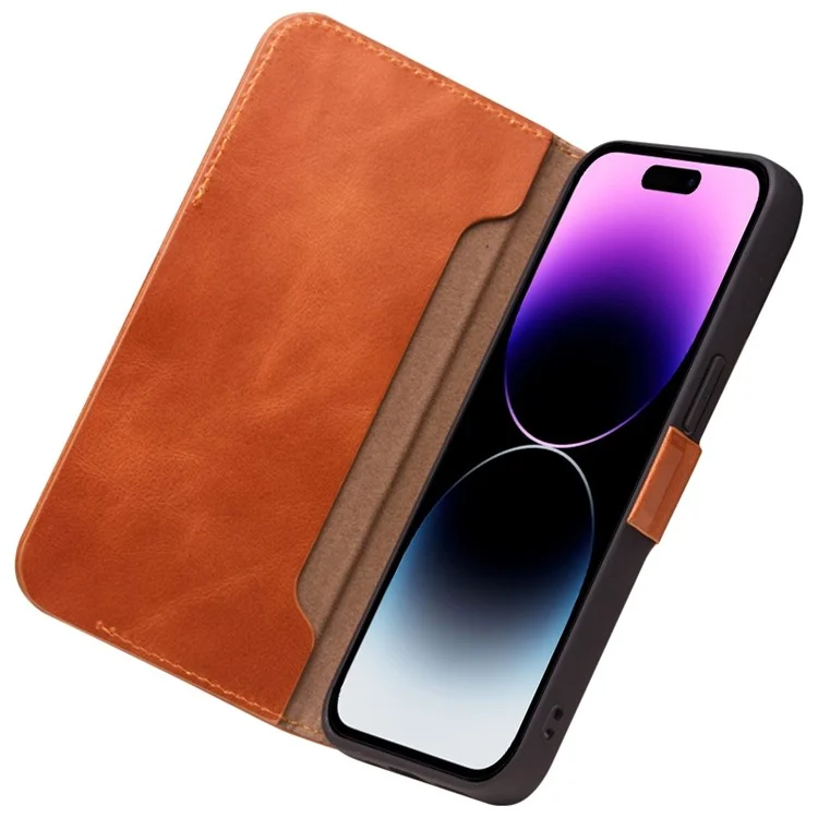 Qialino Para Iphone 14 Pro Max Scratch Resistente ao Estilo Comercial Fechamento Magnético Caixa de Telefone da Capa de Couro Genuíno - Castanho