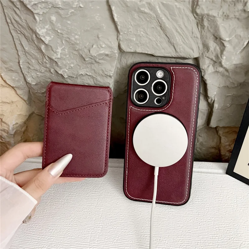 For iPhone 16 Pro Case Detachable Card Holder Kickstand Leather Back Phone Cover Compatible with MagSafe - Wine Red