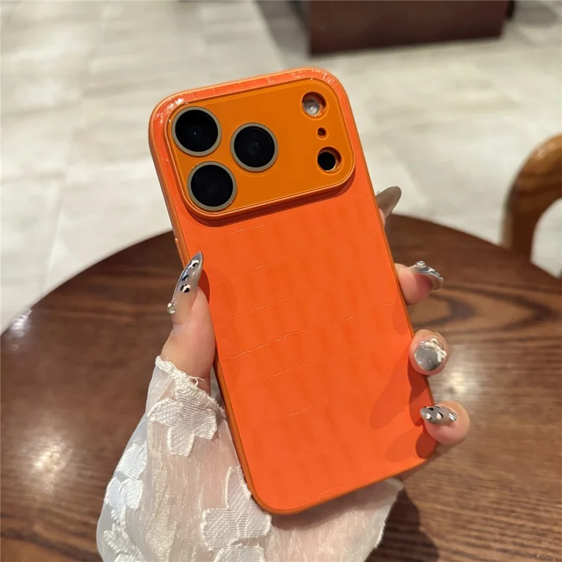 For iPhone 17 Pro Case Large Window Crocodile Texture Leather + TPU Phone Cover with PC Lens Film - Orange