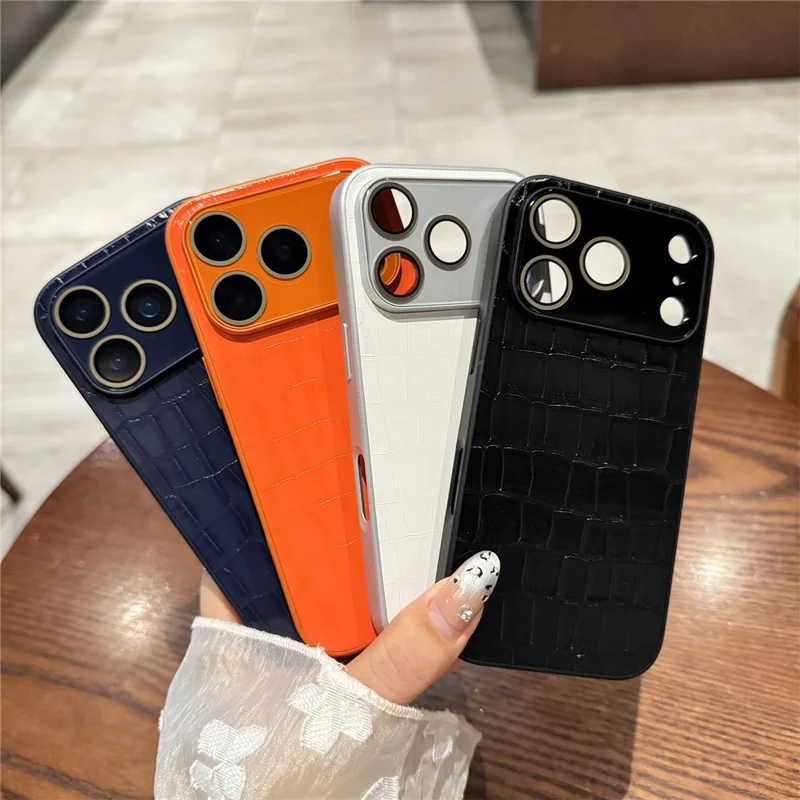 For iPhone 17 Pro Max Case Large Window Crocodile Texture Leather + TPU Phone Cover with PC Lens Film - Orange