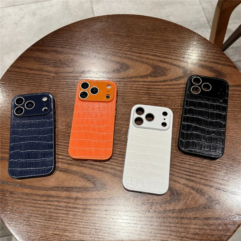 For iPhone 17 Pro Max Case Large Window Crocodile Texture Leather + TPU Phone Cover with PC Lens Film - Orange